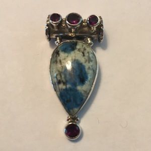 Blue Azurite in Quartz & Amethyst Silver Pendant